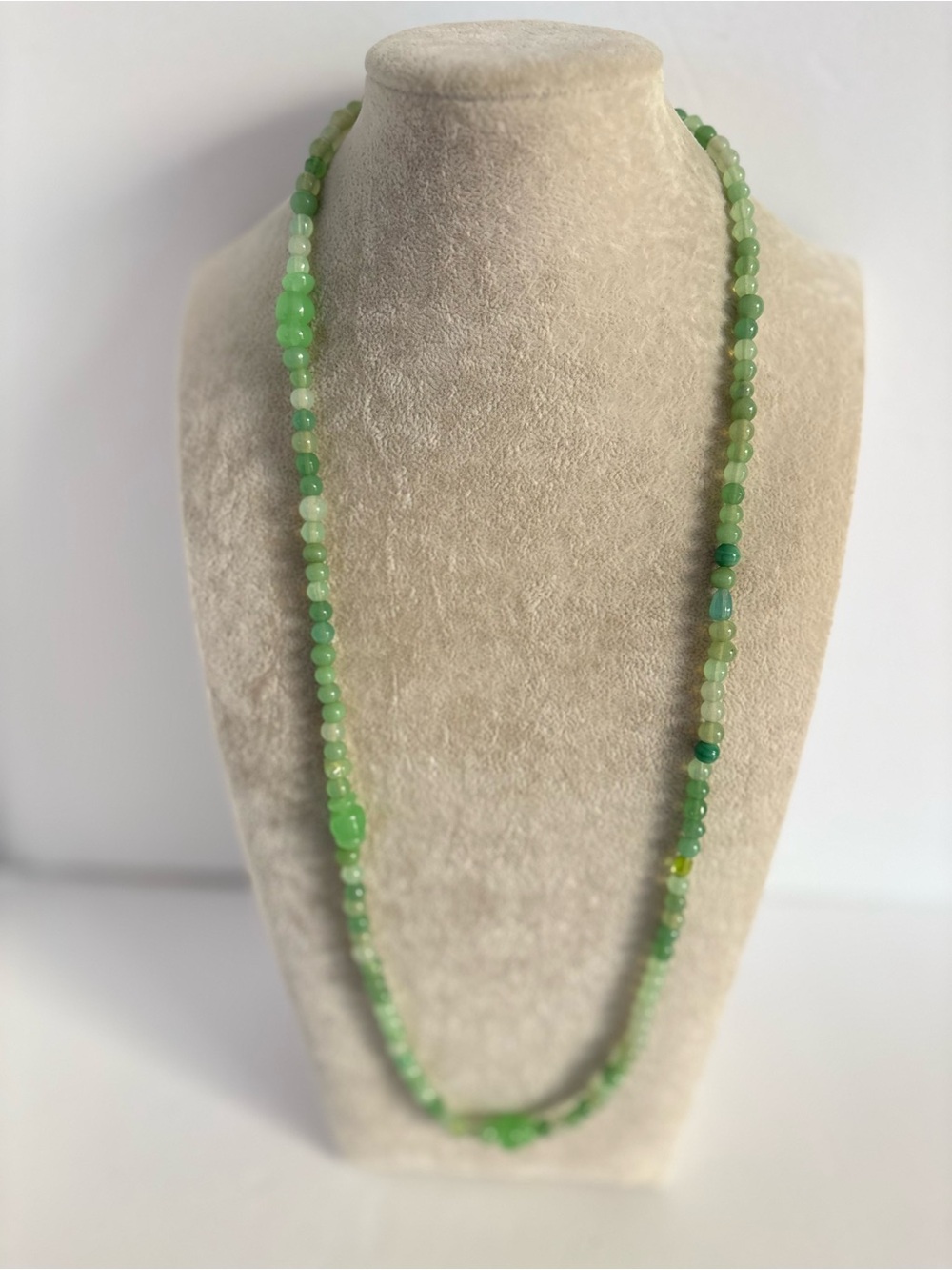 Long Green Beaded Necklace Layering Strand Glass Bead Necklace